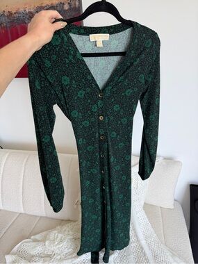 Michael Kors Dark Green Floral Button-Down Long Sleeve Dress